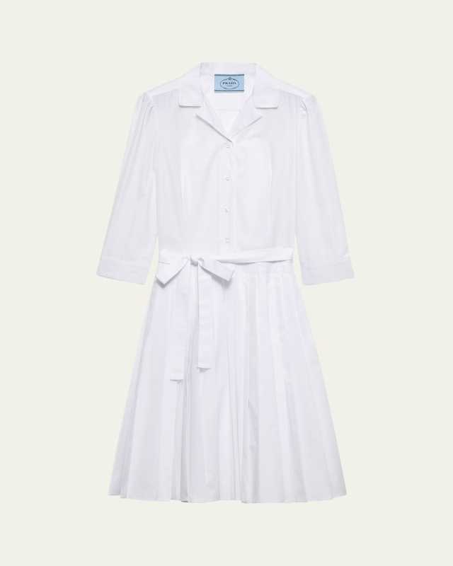 Pleated Popeline Neck-Tie Shirtdress